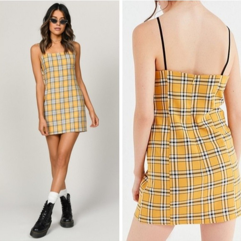 Urban Outfitters Dress Plaid Square Neck Sheath Mini Dress Yellow Small